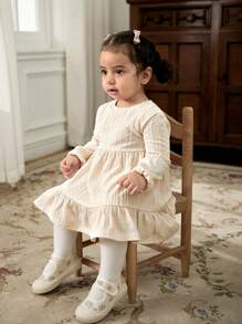 Cozy Pixies Baby Girl Wave Pattern Round Neck Dropped Shoulder Puff Sleeve Waisted Dress - Apricot - View 11