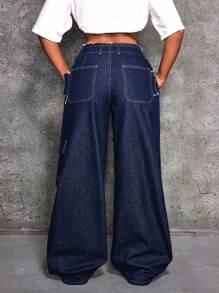 SHEIN ICON Quần Jeans Ống Rộng Rộng Rãi Thường Ngày Có Túi Cho Nữ - Màu xanh lam - Xem 2