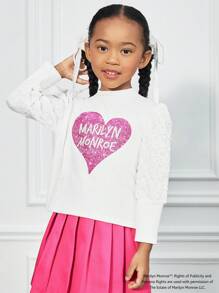 Marilyn Monroe X SHEIN Young Girl Glitter Heart Print Mock Neck Puff Sleeve Fitted White T-Shirt, Elegant Fashion Style