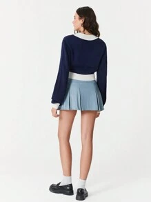 SHEIN EZwear Women's V-Neck Color Block Cropped Fitted Sweater In Blue And White, Autumn/Winter - Blue and White - View 2