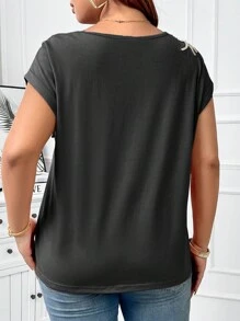 SHEIN Clasi Áo thun cổ tròn đính hạt cỡ lớn mùa hè - Màu xám đen - Xem 2