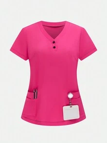 SHEIN TaskFit V 领短袖 3 色双口袋休闲制服手术服上衣衬衫、手术服、健康检查手术服制服手术服上衣女士纯色宠物美容工作服手术服上衣套装营养师工作服短袖实验室工作服 - 彩色 - 查看 5