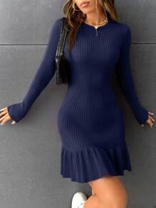 SHEIN Privé Women's Casual Ruffled Hem Ribbed Knit Long Sleeve Sweater Dress, Autumn/Winter - Navy Blue - View 3