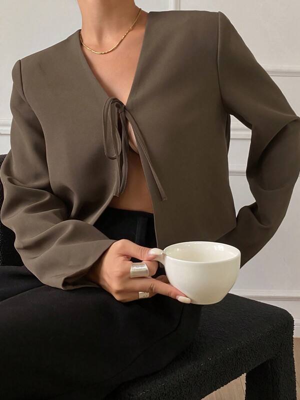 DAZY Women's Solid V-Neck Front Tie Long Sleeve Jacket