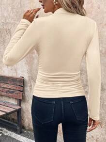 SHEIN Clasi Women's Solid Color Ruched High Collar Padded Shoulder Long Sleeve T-Shirt, Spring & Autumn - Apricot - View 2