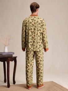 EverLounge Men Solid Color Patchwork Long Sleeve Button Front Pocket Shirt And Pants Pajama Set - Multicolor - View 3