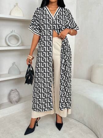 Lyxana 2 件套：V 领超大拼接高开叉长上衣和纯色裤子，春秋