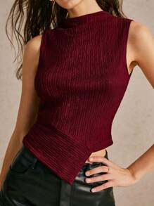 Poéselle 女士勃艮第红纹理高领不对称下摆修身背心、红色上衣、不对称针织纹理上衣、短款上衣、商务休闲女装、万圣节服装、秋季女装