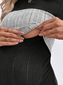 SHEIN Maternity Casual Color Block Nursing Top, Round Neck, Long Sleeve, Pregnancy T-Shirt - Light Grey - View 8