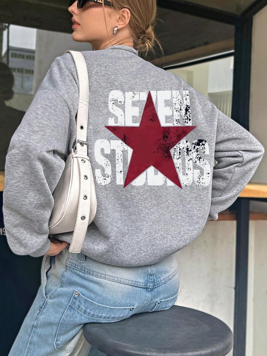SHEIN EZwear 女士圣诞休闲骷髅与字母印花羊毛运动衫，秋冬款 - 黑色 - 查看 1