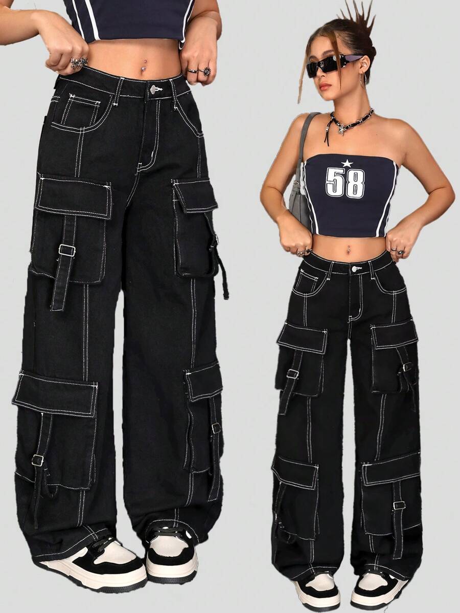 SHEIN Teen Girl Contrast Stitching Black Loose Fit Low Waist Straight Leg Jeans - Black - View 1