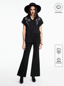 ROMWE Goth Camisa casual de mujer con bordado de serpiente - Negro - Ver 1