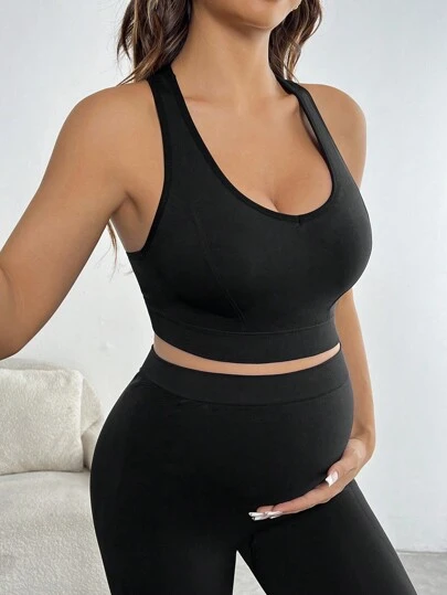 SHEIN 2 件装孕妇纯色后背镂空背心和紧身裤休闲运动服套装