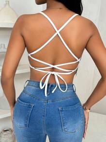 VaVaBold Women's Solid Color Spaghetti Strap Backless Lace Patchwork Casual Blouse