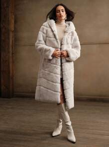 Anewsta 新款秋冬蓬松外套，长款时尚女式仿兔毛夹克 - 杏色 - 查看 5