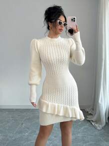 Elenzga 女士纯色泡泡袖荷叶边下摆针织毛衣裙，节日气氛