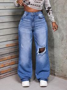 SHEIN Slayr Autumn Casual Distressed High Waist Wide Leg Jeans
