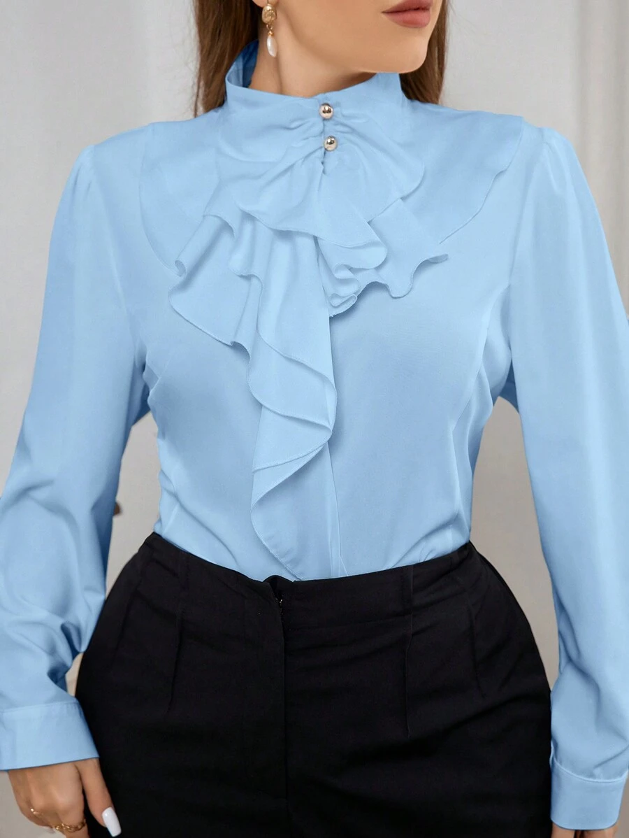 Firerie Plus Size Elegant Asymmetrical Casual Shirt Spring - Blue - View 1