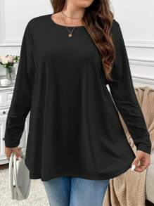 Firerie Plus Size Elegant Casual Loose Long Sleeve Round Neck Solid Color Basic Umbrella Hem T-Shirt, Suitable For Homewear And Vacation Spring - Black - View 6