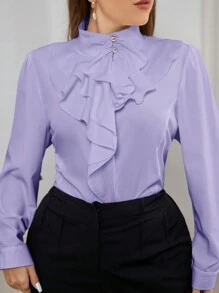 Firerie Camisa elegante para oficina con dobladillo asimétrico con volantes para tallas grandes