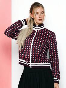 VARSITIE Chaquetas deportivas de mujer de estilo retro con cuello alto, mangas largas e impresión a cuadros