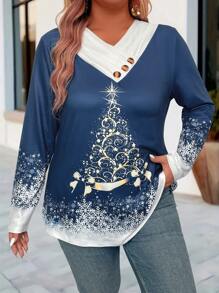 EMERY ROSE Camiseta de Manga Longa com Estampa de Árvore de Natal e Floco de Neve, Colarinho Embutido, Fechamento com Botão à Frente, Moda Confortável, Plus Size para Jovens Adultos de 18 a 35 Anos - Azul - Visão 3