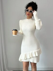 Elenzga 女士纯色泡泡袖荷叶边下摆针织毛衣裙，节日气氛