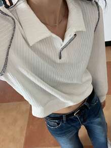 DAZY Women's Solid Color Polo Collar Long Sleeve Cropped Casual T-Shirt, Spring & Fall - White - View 4