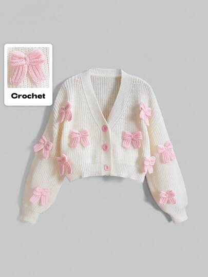 ROMWE Kawaii Women's Himekaji Pink Three-Dimensional Bow Accessories Cute Minimalist Sexy Cardigan, Long Sleeve Tops