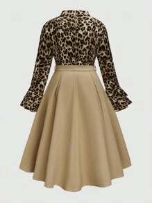 大码优雅豹纹拼布喇叭袖连衣裙，秋季长款女装 - 彩色 - 查看 2