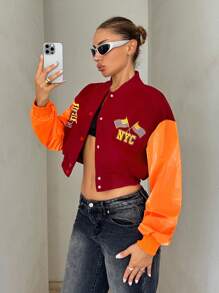 SHEIN ICON Chaqueta de béisbol corta para mujer con mangas holgadas de PU, parches, tela de felpa, bordado y aplicaciones decorativas - Rojo - Ver 4