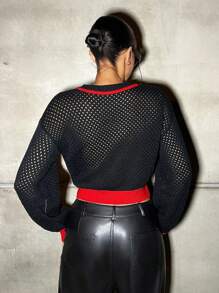 SHEIN ICON Áo len croptop họa tiết xe đua màu sắc vừa vặn dành cho nữ - màu đen - Xem 2