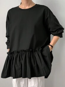 FRIFUL 女士纯色圆领落肩荷叶边宽松 T 恤，春秋季，返校服长袖女上衣，秋季女装 - 黑色 - 查看 3