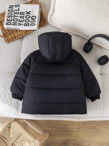 SHEIN Baby Boys Thick  Coat, Hooded, Color Block, Loose Fit, Mid-Length, Pockets, Zipper, Button, All-Match & Versatile, Warm For Home, Outings, And Playing In Snow, Fall/Winter - Black - View 2