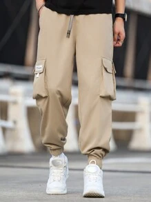 Manfinity Homme Men's Plus Size Letter Patched Flap Pocket Drawstring Waist Loose Cargo Pants - Khaki - View 4