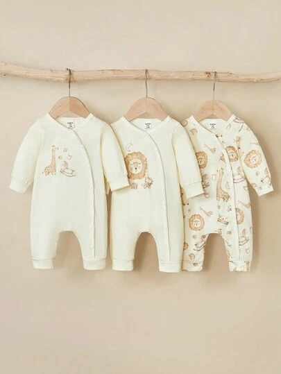 SHEIN Playful Pals 3 件装男婴休闲水彩卡通动物狮子和长颈鹿图案印花按扣连体裤，秋季