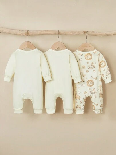 SHEIN Playful Pals Bộ 3 bộ đồ liền thân in họa tiết hoạt hình màu nước dành cho bé trai, sư tử và hươu cao cổ, mùa thu