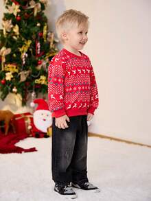 2pcs Set Boys Christmas Holiday Graphic Print Sweatshirt And Washed Vintage Denim Pants,Fashion Autumn Outfit,Family Matching Stylish Clothes Set - Red - View 4