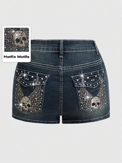 Grunge Punk Women's Studded Skull Design Denim Shorts, School