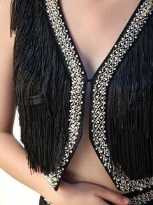 Maija 女式秋季优雅 V 领流苏无袖夹克