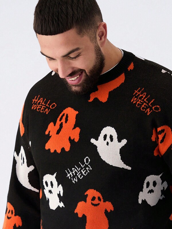 Manfinity NXTstreet Suéter de cuello redondo con estampado de fantasma talla grande para hombres, apropiado para Halloween