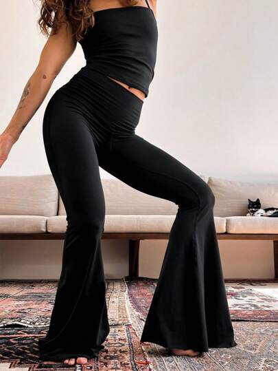 INAWLY Solva 女士纯色褶皱喇叭腿优雅哈伦裤