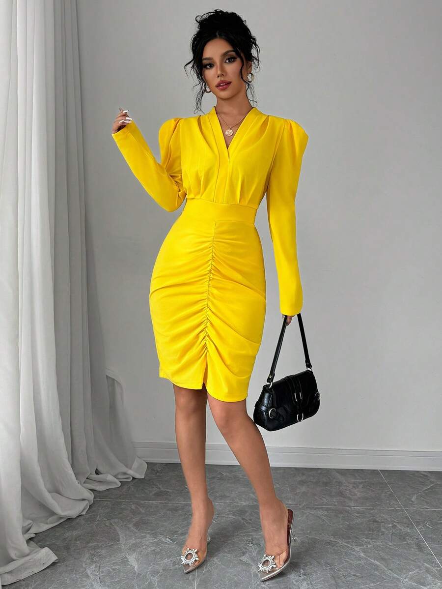 Elenzga Solid Color V-Neck Ruched Elegant Long Sleeve Dress - Yellow - View 1