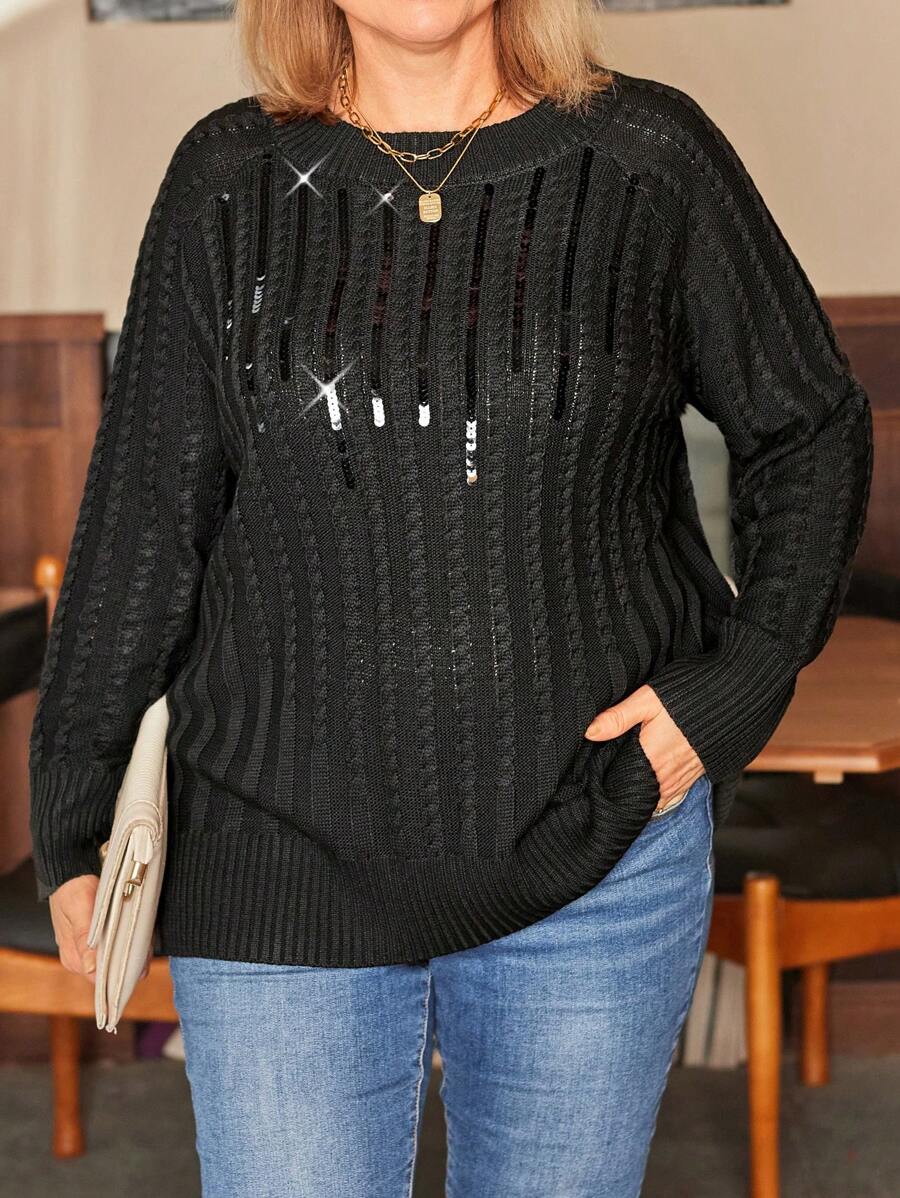 Plus Size Women's Solid Color Crew Neck Raglan Sleeve Casual Pullover Sweater, Autumn/Winter Knit Pullover Fall - Black - View 1