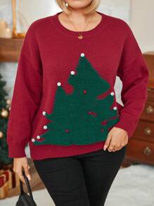 SHEIN Suéter informal de mujer talla grande con cuello redondo y hombros caídos con estampado de árbol de Navidad, para otoño/invierno y ropa de Año Nuevo