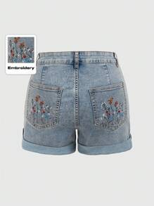 ROMWE Fairycore Quần short denim thêu hoa cho nữ, đi học - Màu xanh lam - Xem 1