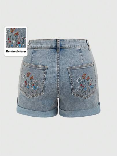 Fairycore Damen Denim Shorts mit floraler Stickerei, Schule