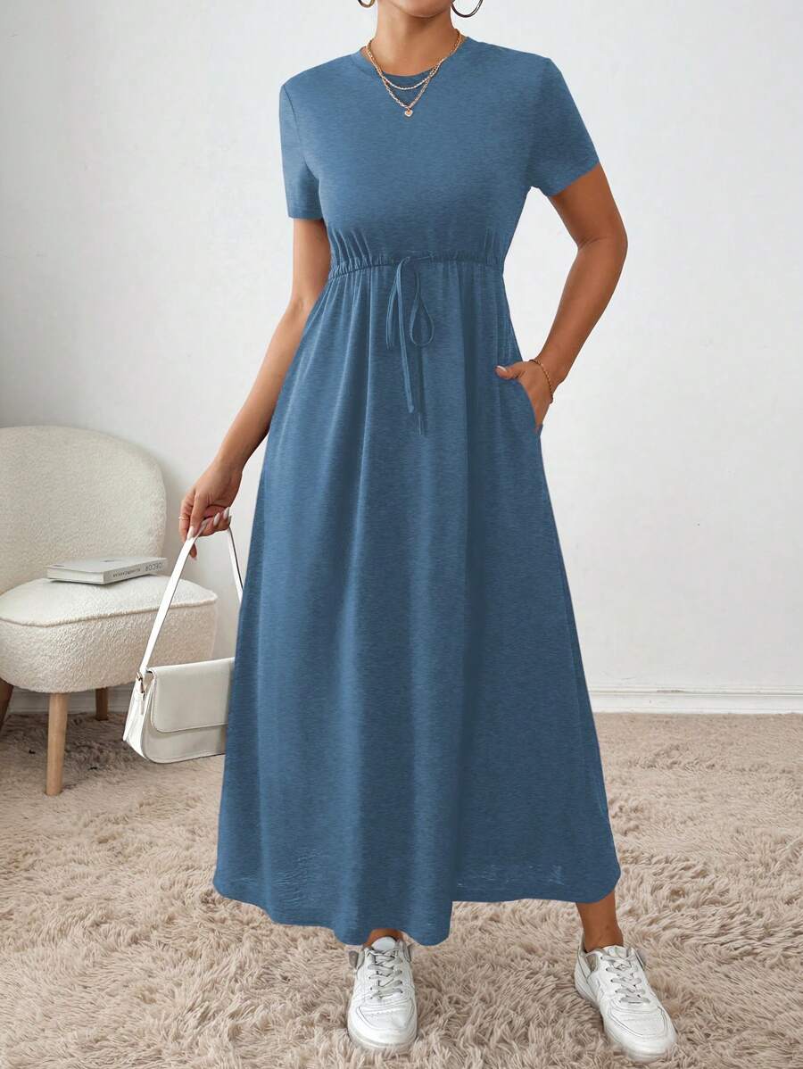 SHEIN Essnce Women Casual Solid Color Drawstring Waist Dress, Summer