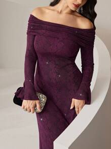 Modelyn Women's Solid Color Off Shoulder Ruffle Elegant Long Sleeve Dress Long Evening Dresses