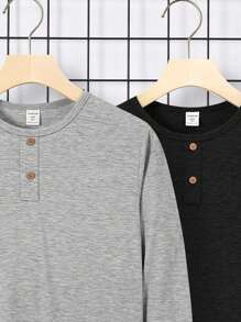 SHEIN 10 件套青少年男童休闲宽松圆领长袖针织 T 恤，秋冬款，红色、黑色、灰色 - 紅色 - 查看 9